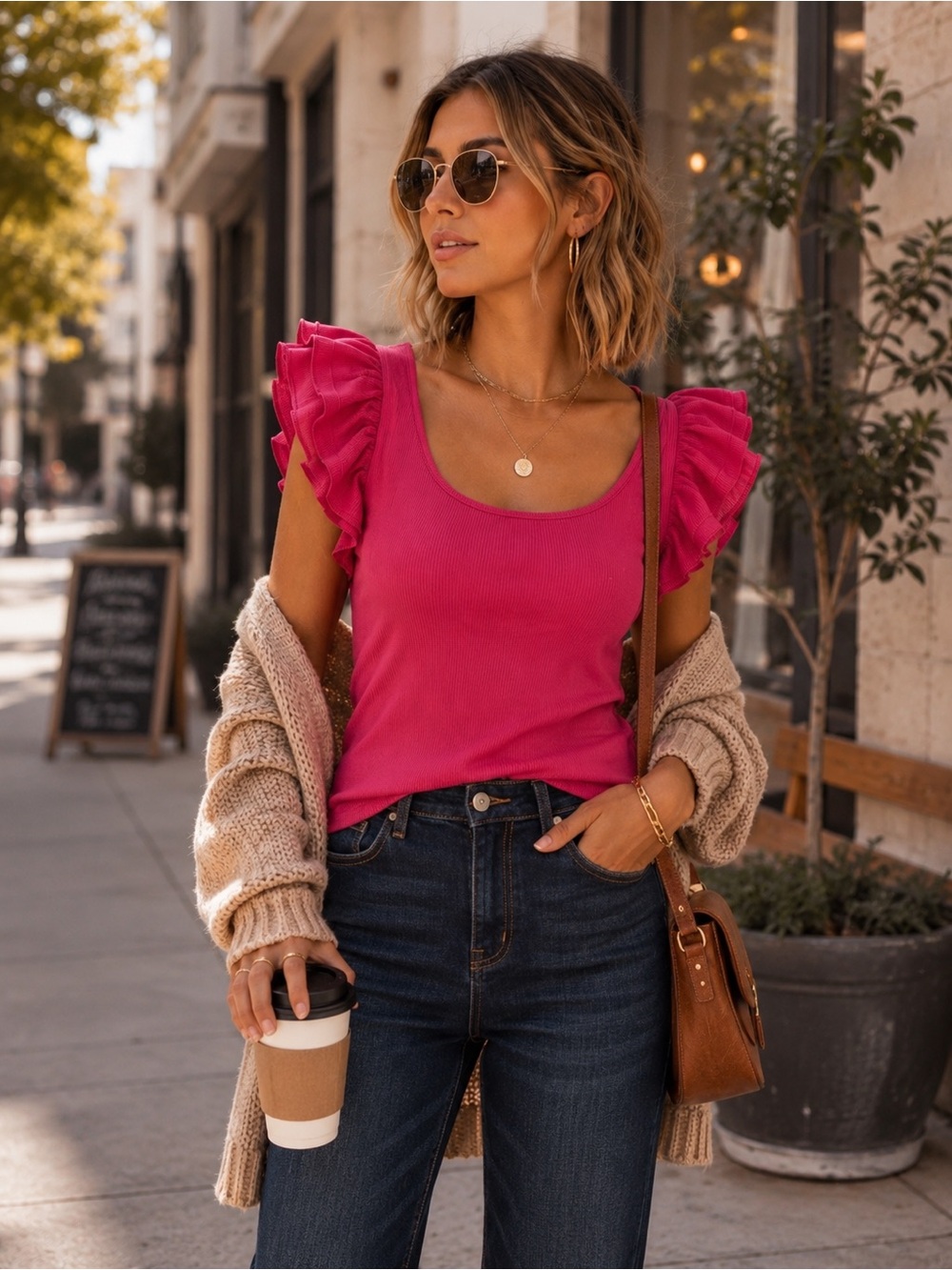 HYFVE Fuchsia Ruffle Sleeve Ribbed Top Boutique Knit Shirt Medium